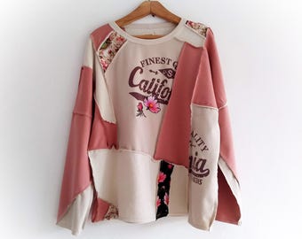 Patchwork upcycled Sweatshirt, PLUS size Pullover, überarbeitetes Top, upcycled Pullover