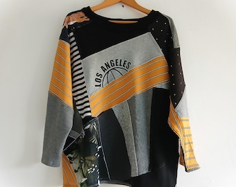 Sudadera reciclada con patchwork, jersey unisex, top reelaborado, suéter reciclado