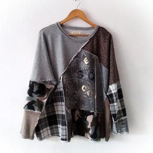 Patchwork upcycled sweatshirt, PLUS size unisex pullover, reworked top, upcycled sweater