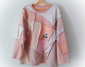 Patchwork upcycled sweatshirt, PLUS size pullover, reworked top, upcycled sweater