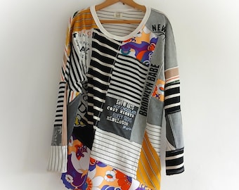 Patchwork upcycled sweatshirt, PLUS size upcycled sweater, Upcycled Patchwork Tunic Dress: Boho Cotton Bohemian Clothes