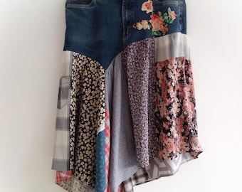XXL Boho Denim Skirt, Bohemian Gypsy L Skirt, Upcycled Clothing, Women's Jean Clothes
