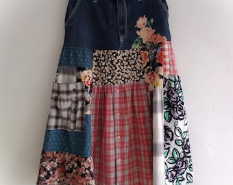 Boho Denim Skirt, Upcycled Clothing, Women's Jean Skirt, Bohemian Gypsy L
