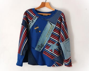 Sudadera reciclada con patchwork, jersey unisex, top reelaborado, suéter reciclado de talla GRANDE