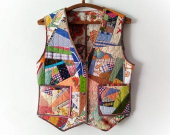 Patchwork Quilted Vest: Recycled Cotton Sleeveless Waistcoat (S-M)
