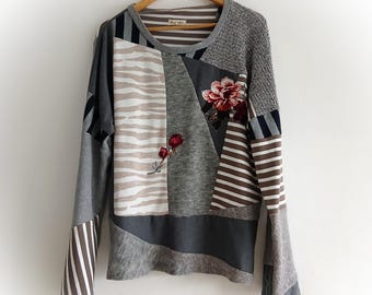 Patchwork Upcycled Sweatshirt, Boho Tunic Dress, Plus Size