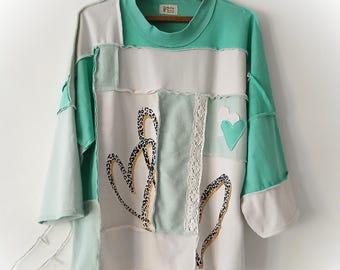 Patchwork upcycled sweatshirt, PLUS SIZE pullover, reworked top, upcycled sweater