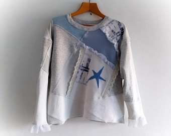 Sudadera reciclada con patchwork, jersey de talla grande, top reelaborado, suéter reciclado