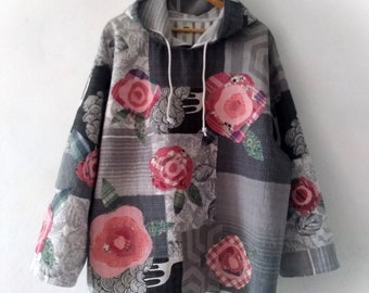 Plus Size Fabric Collage Quilted Hoodie: Handmade Patchwork Cotton Sweatshirt
