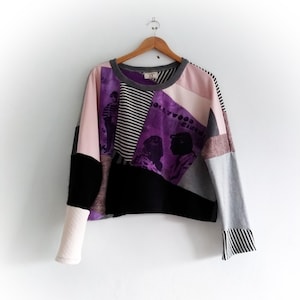 Patchwork upcycled sweatshirt, unisex pullover, reworked top, upcycled sweater