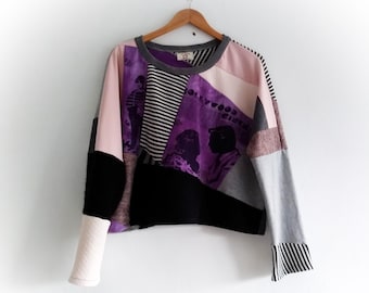 Patchwork upcycled sweatshirt, unisex pullover, reworked top, upcycled sweater