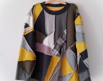 PLUS size upcycled sweater, Boho Cotton Bohemian Clothes, Recycled Tunic, Patchwork upcycled
