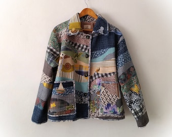 Plus Size Patchwork Quilted Coat: Handmade Cotton Fabric Collage