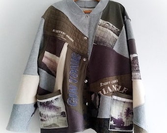 Geüpcyclede patchworkjas, oversized crop-jas, handgemaakte katoenen damesjas, duurzaam gemaakt