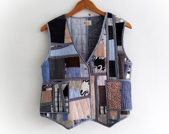 Patchwork Quilted Vest: Recycled Cotton Sleeveless Waistcoat (S-M)
