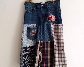 Boho Denim Skirt, Bohemian Gypsy L Skirt, Upcycled Clothing, Women's Jean Clothes