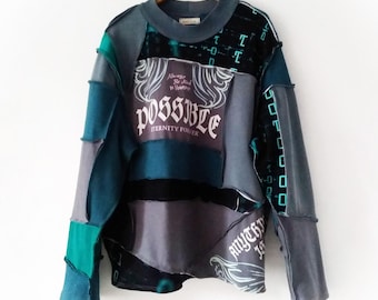 Sudadera de hombre rediseñada, jersey unisex patchwork, top reciclado, suéter reciclado de talla grande