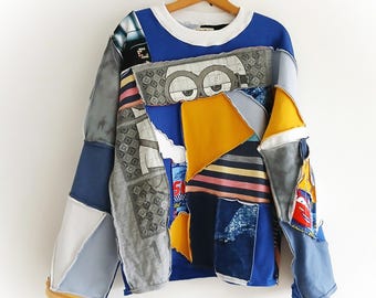 Patchwork sweatshirt, PLUS size upcycled sweater, Upcycled Patchwork Tunic Dress: Boho Cotton Bohemian Clothes