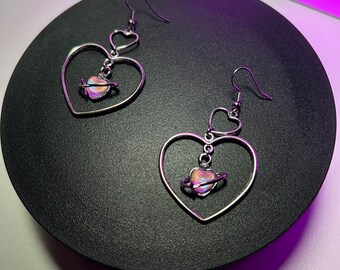Interstellar Love  double heart earrings | Alternative Aesthetic Streetwear |  Antiqued Style Stacking Layering Multipurpose Jewelry | space