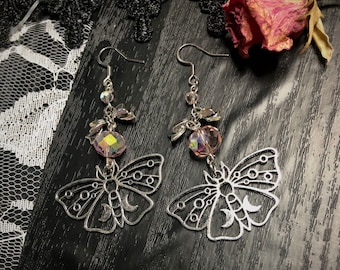 Laila moon moth earrings | iridescent beaded dangle celestial jewelry | fairycore lightweight accessories