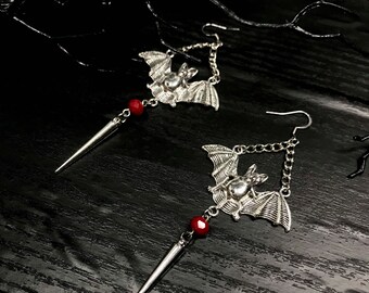 Pandora Bat  red beaded earrings  | gothic alternative Halloween  aesthetic fashion statement cosplay jewelry