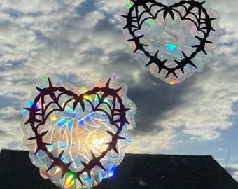 Barb Wire Heart Suncatcher Window Cling |  Rainbow Window Sticker | Rainbow Maker | Alternative Emo Gothic Home Room Decor | Prism Film