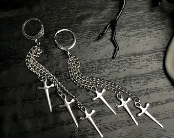 Triple Thr3at huggie earrings |  Length Alt Alternative Sword Dagger Spiked Aesthetic Emo Fashion chain lever back jewelry Cosplay