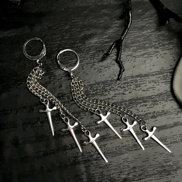 Triple Thr3at huggie earrings |  Length Alt Alternative Sword Dagger Spiked Aesthetic Emo Fashion chain lever back jewelry Cosplay