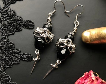 Achlys glass beaded black chain mail earrings | wire wrapped art jewelry | stainless steel strong chainmaille accessories
