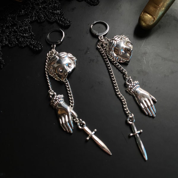 In the Hands of Fate earrings | cuff Fragment Earrings, Greek Statue Jewelry, Grecian Bust, Vaporwave, Dark Academia, sword dagger hands