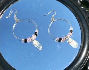 Pink & Black beaded hoop wire wrap earrings | quartz Crystal fairy cottage core alternative fashion cosplay jewelry