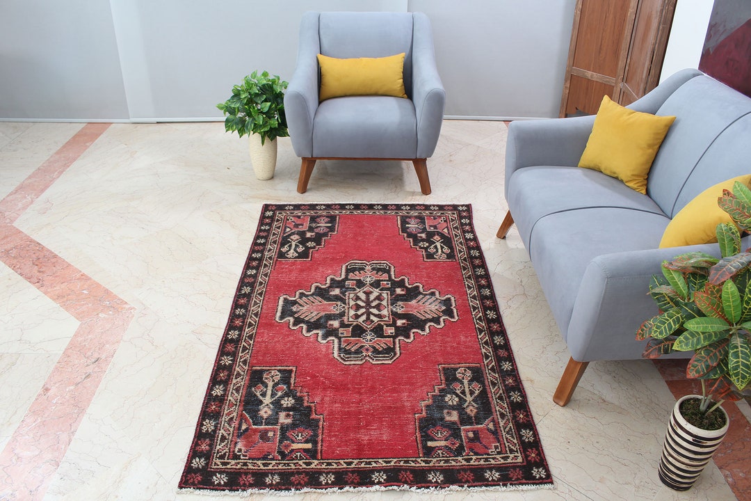 Turkish Kitchen Red Rug 3x6 Vintage Handmade Oriental Wool Rug Etsy