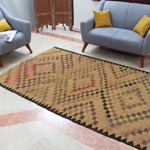 Boho Vintage Kelim Teppich 100x250 Geometrisch Braun Handgefertigter Teppich 0530/01 handgemacht