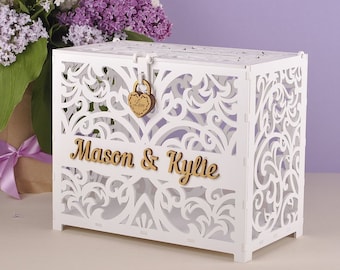 Personalized Wedding Card Box, Wooden Keepsake with Lace Design