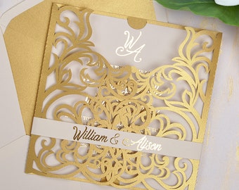 Convite de casamento cortado a laser, convites com detalhes em folha de ouro