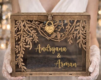 Caja rústica de madera contrachapada de abedul para tarjetas de boda con cerradura y ranura – Portatarjetas de celebración estilo bohemio