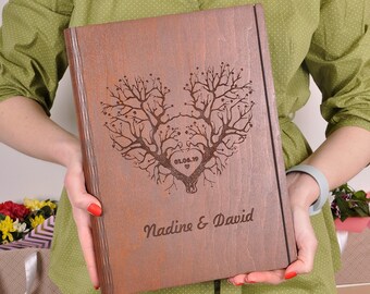 Libro de firmas rústico de madera para bodas, diseño Árbol de Corazones