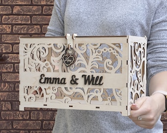 Wedding Card Box with Lock, Wooden Money Holder