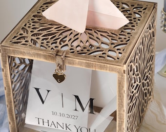 Caja de madera para tarjetas de boda, diseño de flores silvestres cortado con láser, buzón rústico para guardar recuerdos.