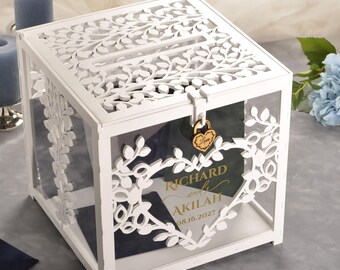 Caja personalizada para tarjetas de boda, clásica caja blanca para dinero de recepción con cerradura