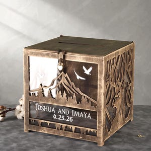 Scatola rustica in legno per biglietti di nozze con motivo di montagna e cervo, scatola ricordo per matrimonio, scatola per biglietti di nozze con tema di montagna