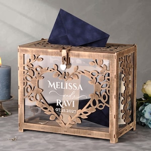 Caja para tarjetas de boda, caja para tarjetas de boda con cerradura, buzón de boda, caja para sobres de boda, hucha de madera personalizada para recepción para tarjetas