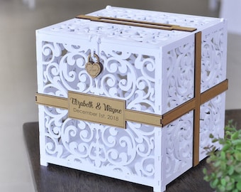 Gepersonaliseerde trouwkaartdoos met slot, houten wensput