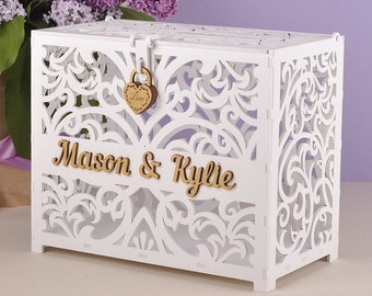 Wedding card box with lock and slot for drop envelopes. Goes in sizes M, L