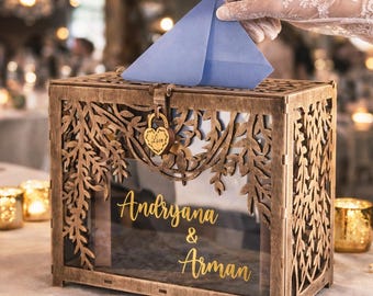 Caja rústica para tarjetas de boda con cerradura, soporte de madera personalizado para sobres, cesta de regalo de madera contrachapada de abedul.