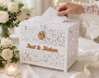 Caja blanca para tarjetas de boda con cerradura – Cesta de regalo de diseño clásico, tamaños grande/mediano