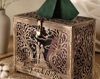Caja rústica para tarjetas de boda con cerradura, totalmente ensamblada, tarjetero de madera.
