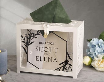 Caja para tarjetas de boda de madera contrachapada de abedul ensamblada, frontal acrílico floral personalizado, cerradura.