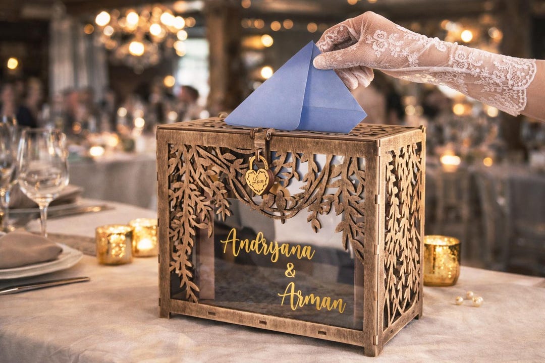 Rustic Wedding Card Box With Lock, Personalized Wooden Envelope Holder ...