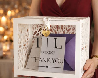 Caja para tarjetas de boda con cerradura, madera contrachapada de abedul, diseño de flores silvestres, decoración rústica.